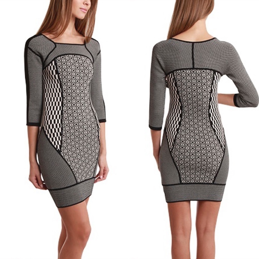 ALC Jay Black White Knit Geometric Panel Designer Sweater Bodycon Dress Small S